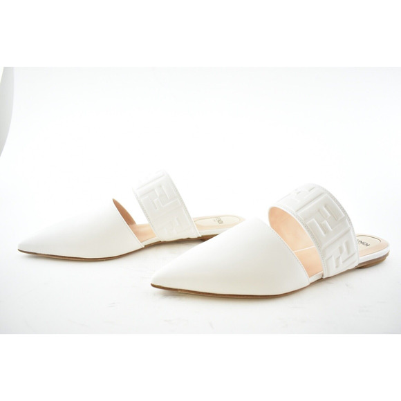 Fendi Motif FF Logo Snow White Leather Pointed Toe Ballerina Ballet Mule Flat 37 - Picture 10 of 12